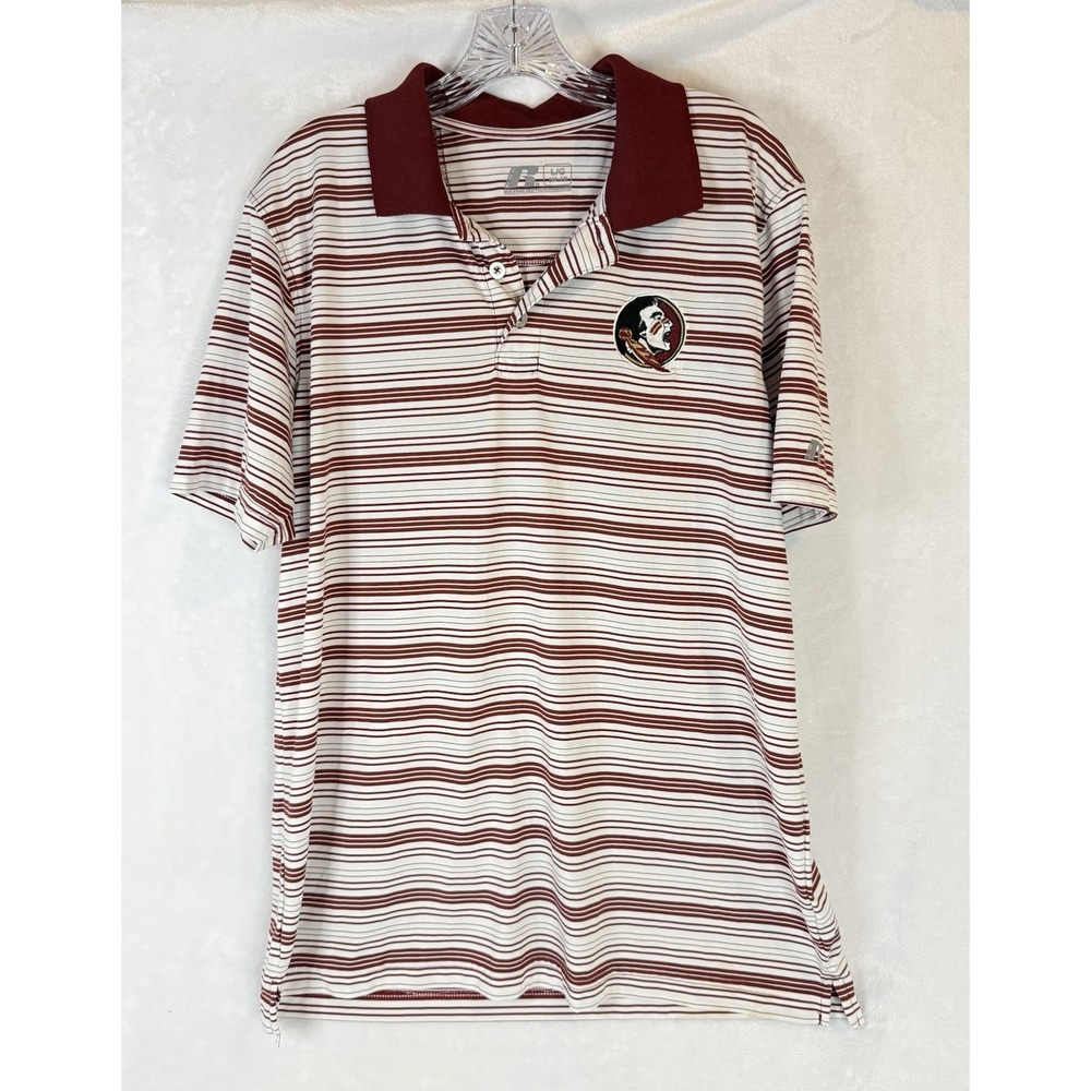 FSU Seminoles Striped Polo Shirt Russell Athletic L Garnet White Game Work Golf